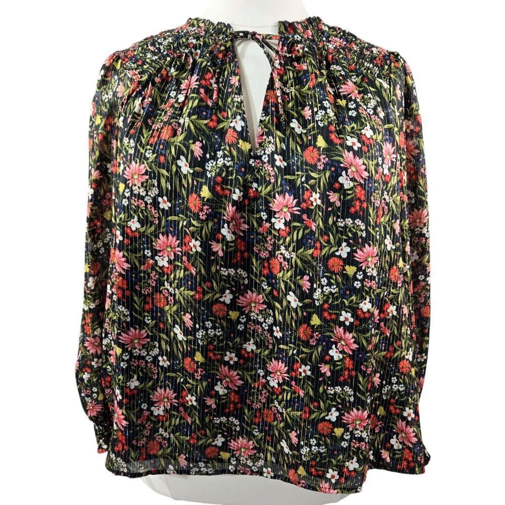Old Navy Smocked Dark Floral Shine Blouse Chiffon Shimmering Ditsy Romantic